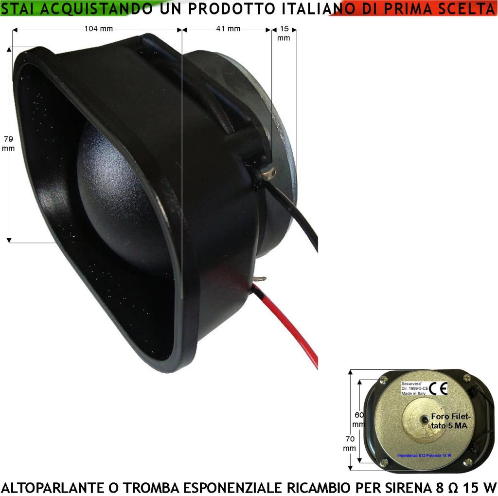 Tromba Magnetodinamica Esponenziale Impedenza 8 Ohm Potenza 15 W Ricambio Sirene Antifurto di Qualsiasi Marca Suoni Alta Frequenza da 1,3 ± 2 KHz 103 dB Magnete Ø 69 H 15 mm Misure L104XH79XP5 mm