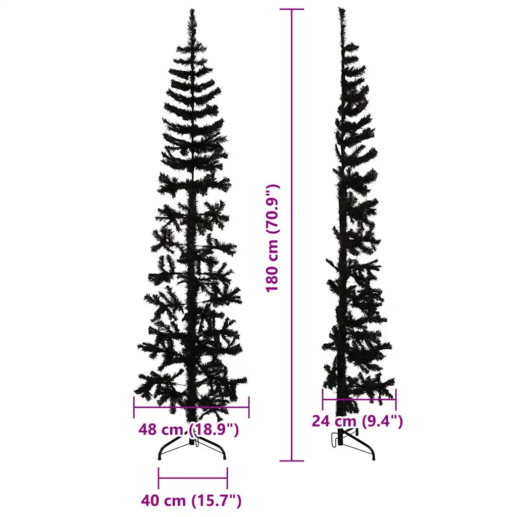 Albero Natale Artificiale Sottile a Met¨¤ e Supporto-Albero Natalizio Nero 180 cm