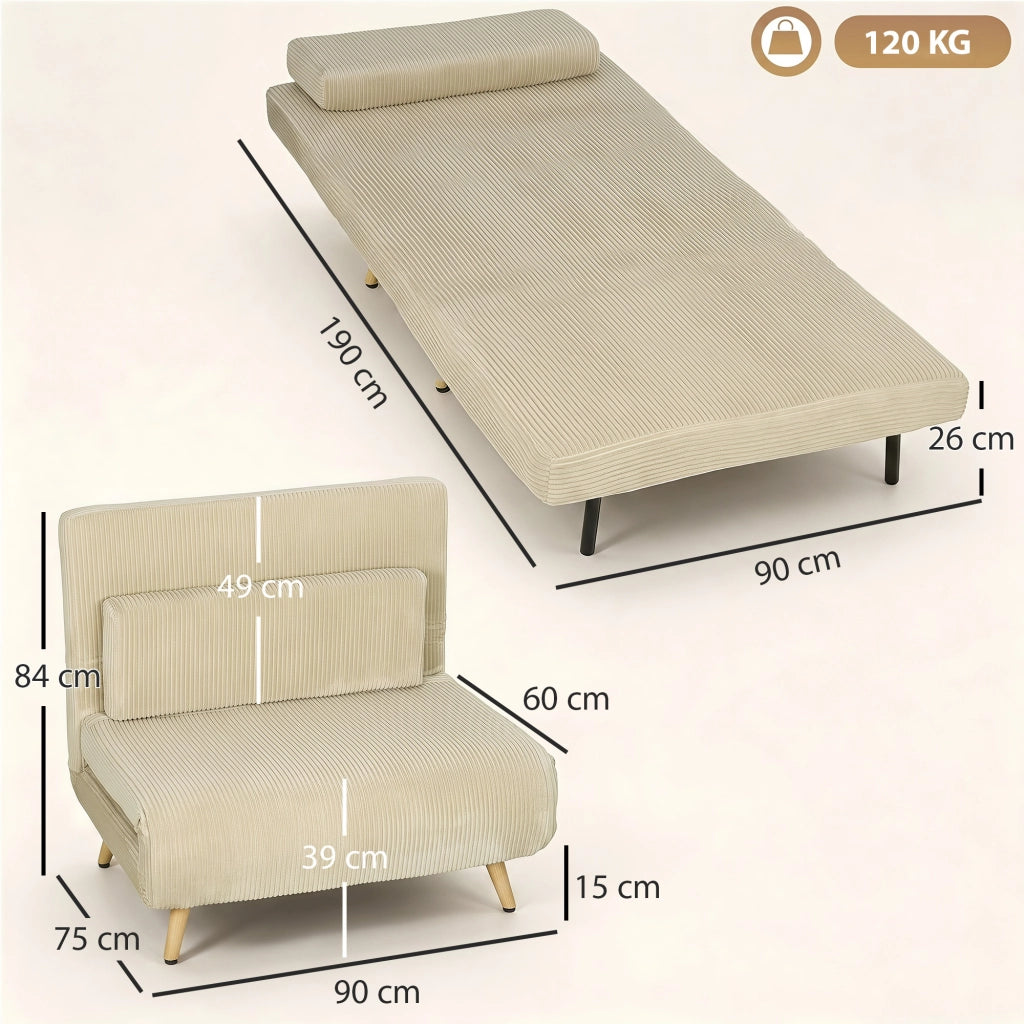 Schlafsessel 3 in 1 Schlafsofa mit Bettfunktion, 90x190cm Beige