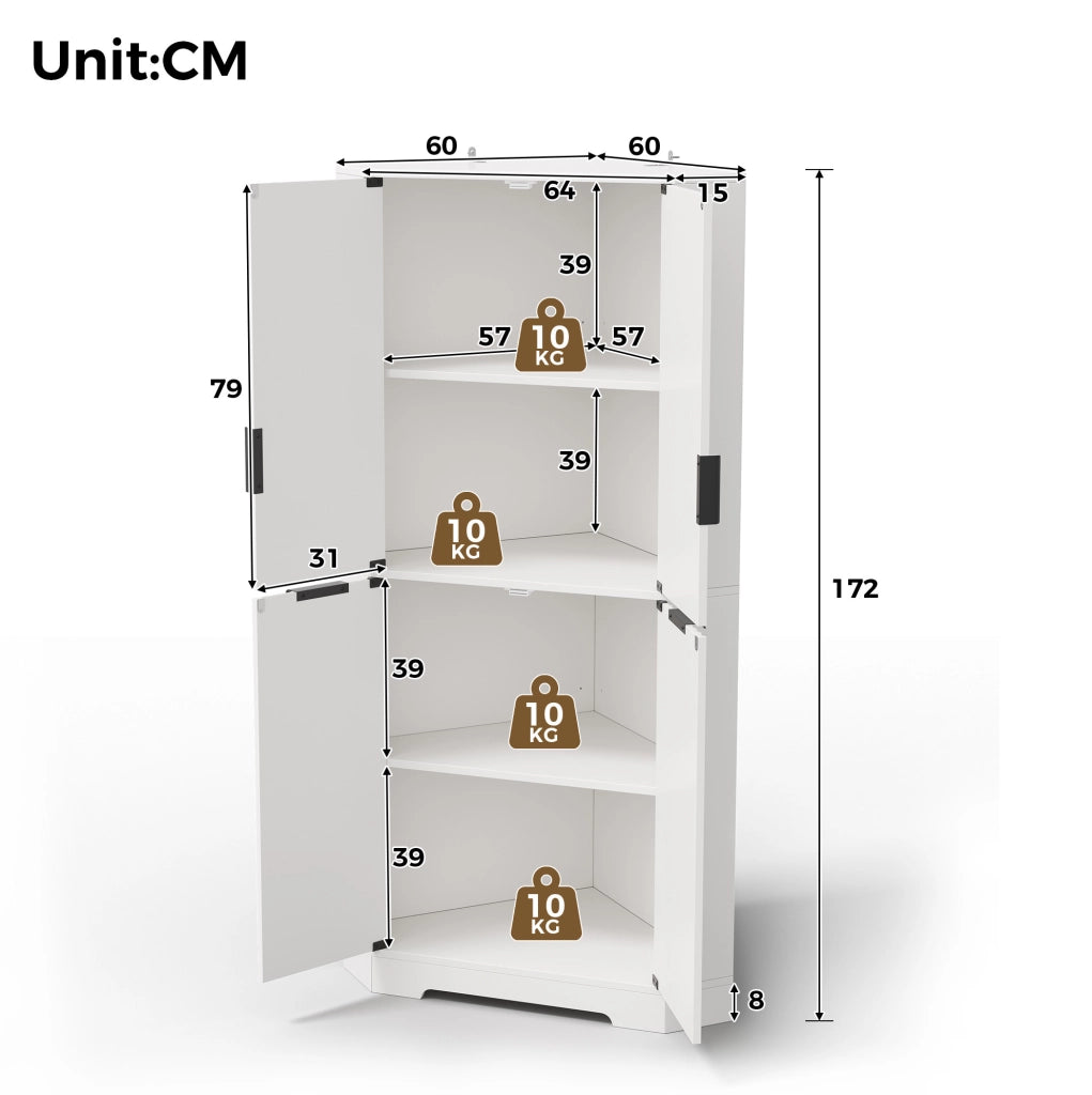 Mobile angolare ULEVR 60x60x172 cm con ripiani regolabili e vani chiusi, bianco in MDF