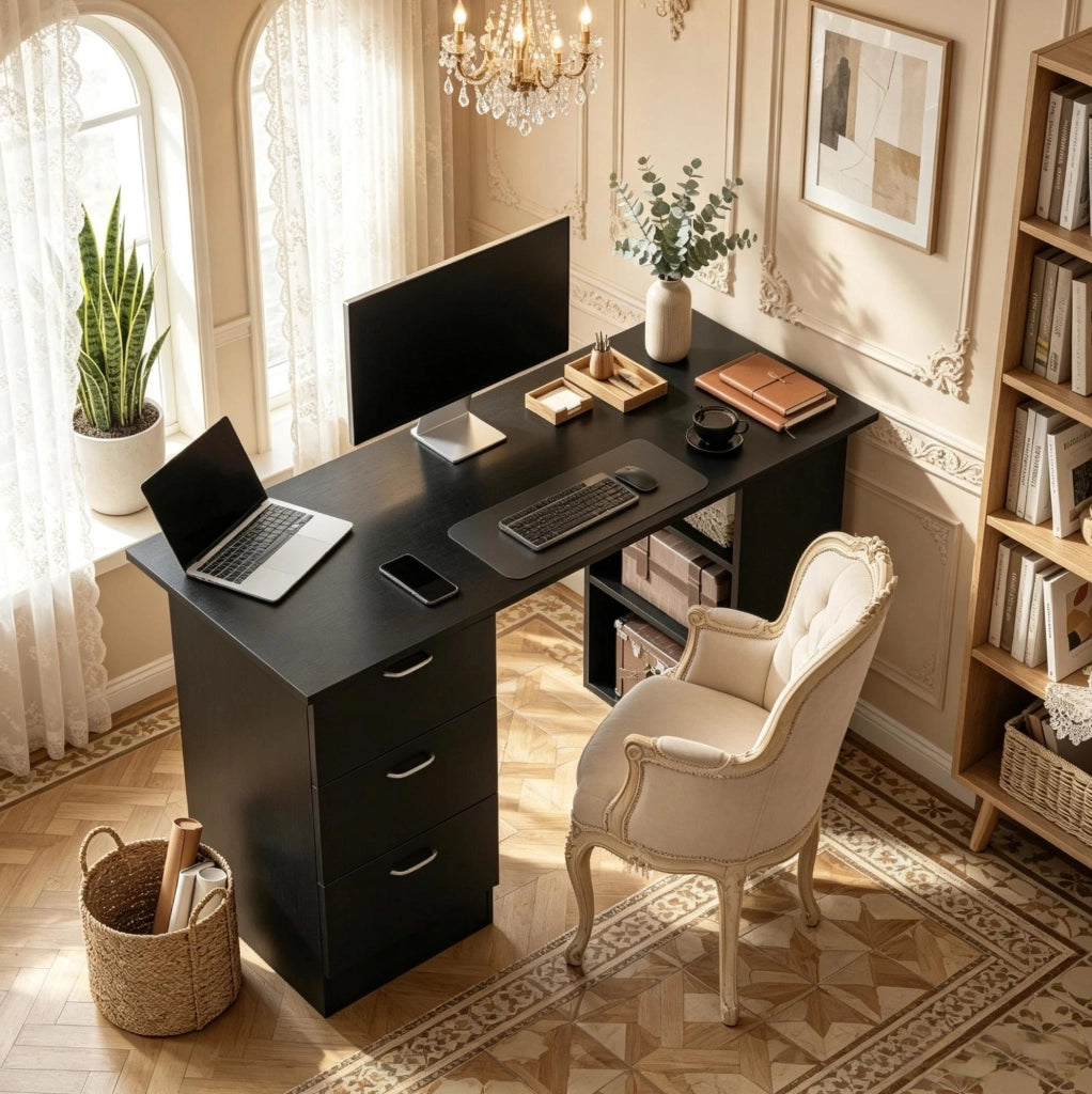 Scrivania per computer in MDF nero 120x49x72 cm con 3 ripiani e 3 cassetti