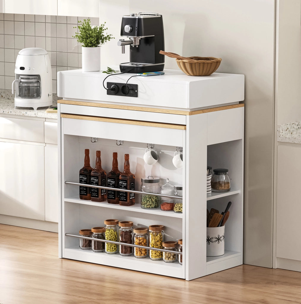 Isola cucina estensibile con prese e piano pieghevole bianca