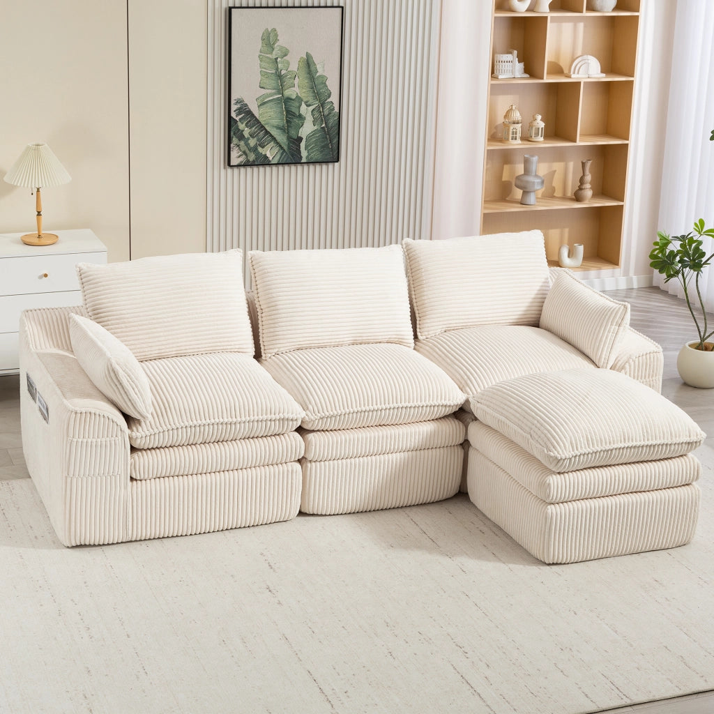 Divano modulare 3 posti in corduroy beige con pouf, tasche laterali e cuscini