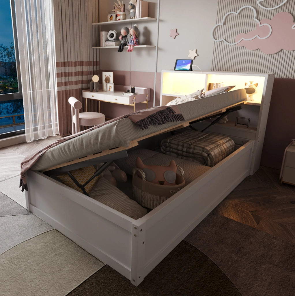 Letto singolo multifunzione 90x200 cm con LED e vani, bianco