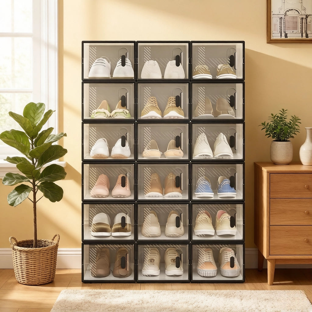 SCATOLA Scarpe Impilabile 25x18,5x35,5 cm Plastica Nera/Trasparente Set da 18 pezzi