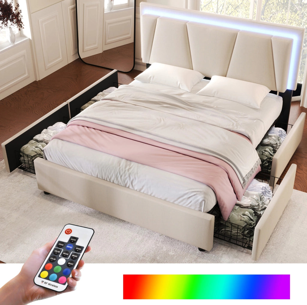 LETTO 160x200 cm Beige con LED, 4 cassetti e materasso incluso