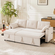 Divano letto angolare beige con contenitore, portabicchieri e cuscini decorativi