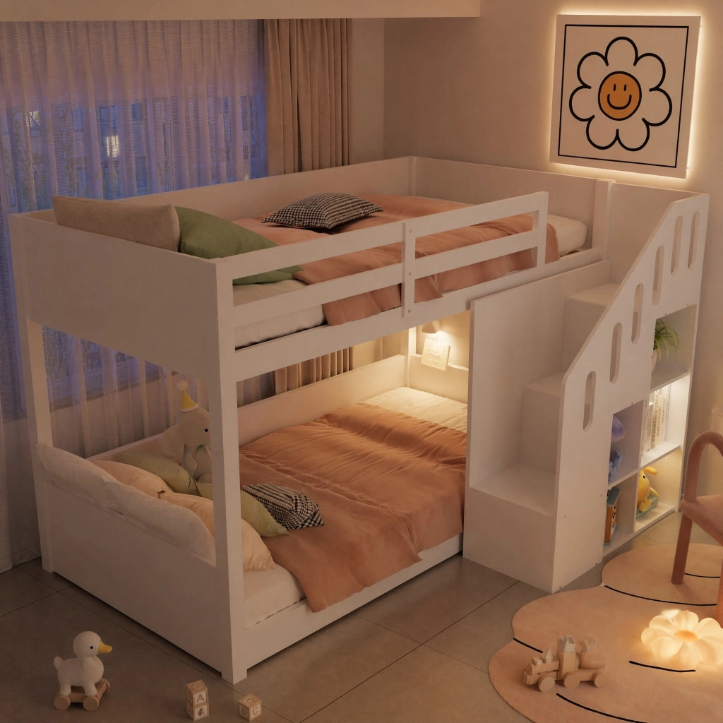 Letto a castello in legno bianco 90 x 200 cm con scala contenitore