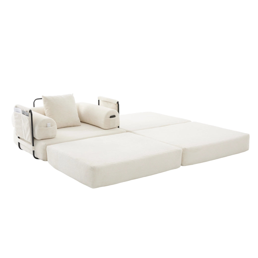 Divano modulare in corduroy beige con pouf, cuscino e tasca laterale