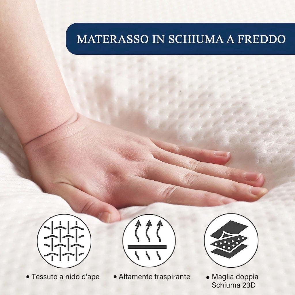 Materasso pieghevole 140x200 cm; schiuma 23D rigidità H3; traspirante; bianco