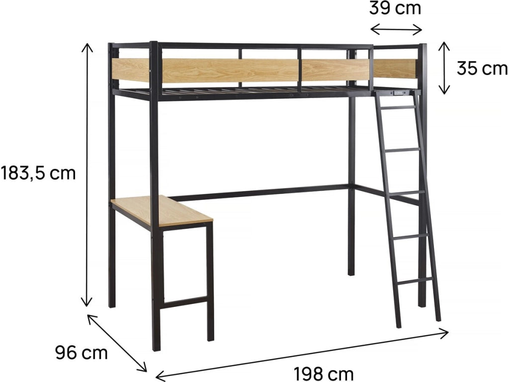 Letto a soppalco "Ethan" con scrivania - 90 x 190 cm - Nero