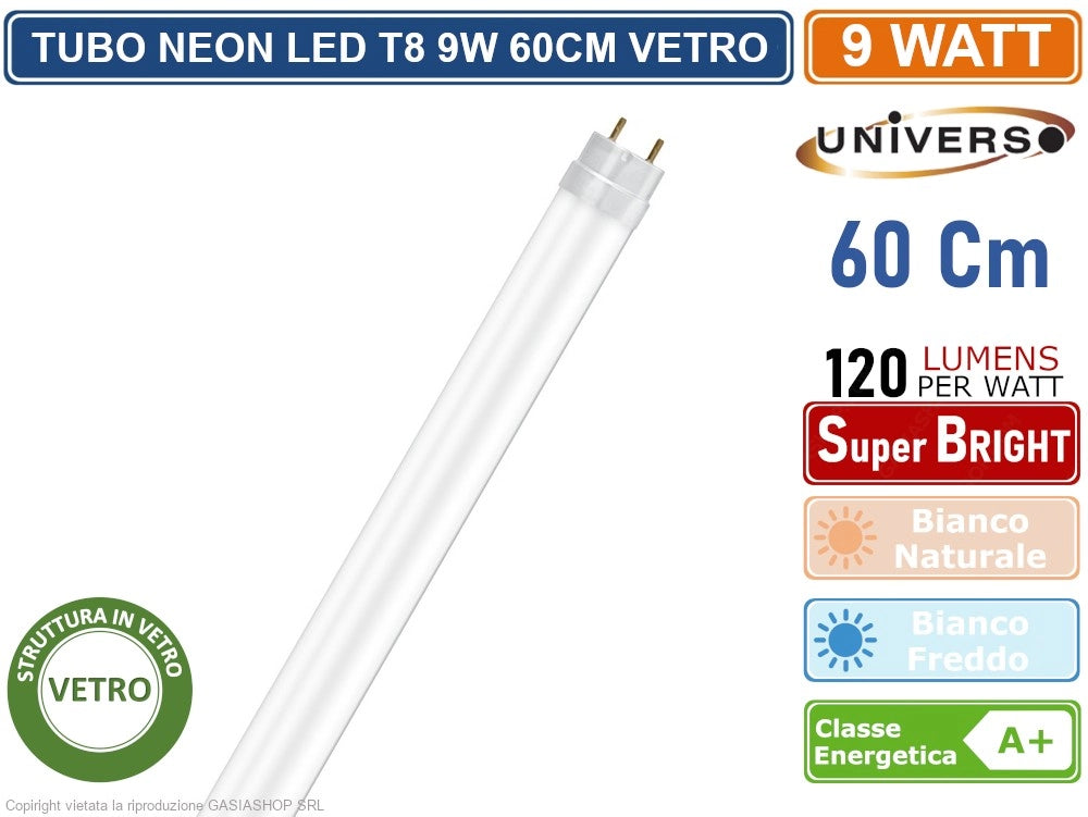 TUBO LED SMD IN VETRO T8 G13 9W LAMPADINA 60CM 1100 LUMEN 330° - Colore Luce:Bianco Freddo