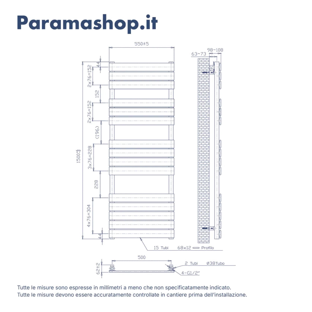 Termoarredo idraulico 1550x550 antracite interasse 500 | Andromeda