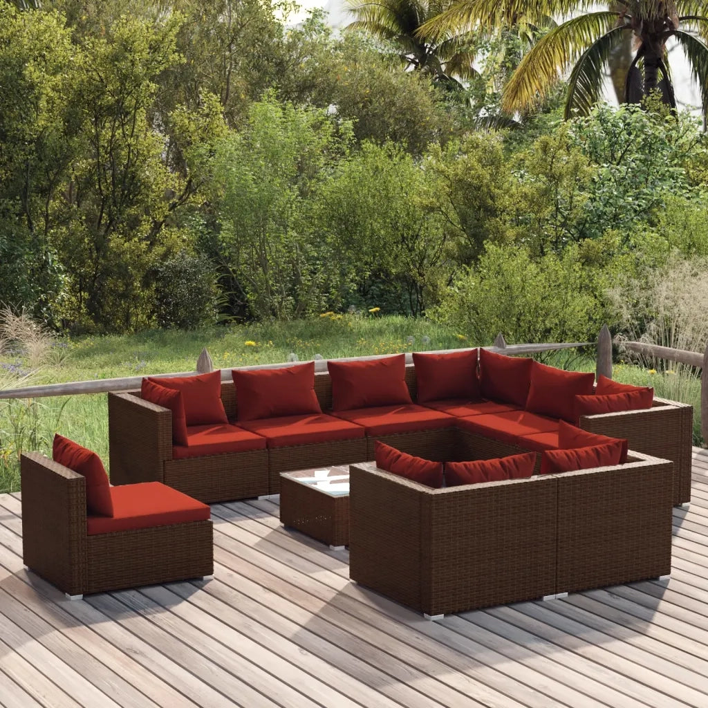 Set Divani da Giardino 10 pz con Cuscini in Polyrattan Marrone 3102651