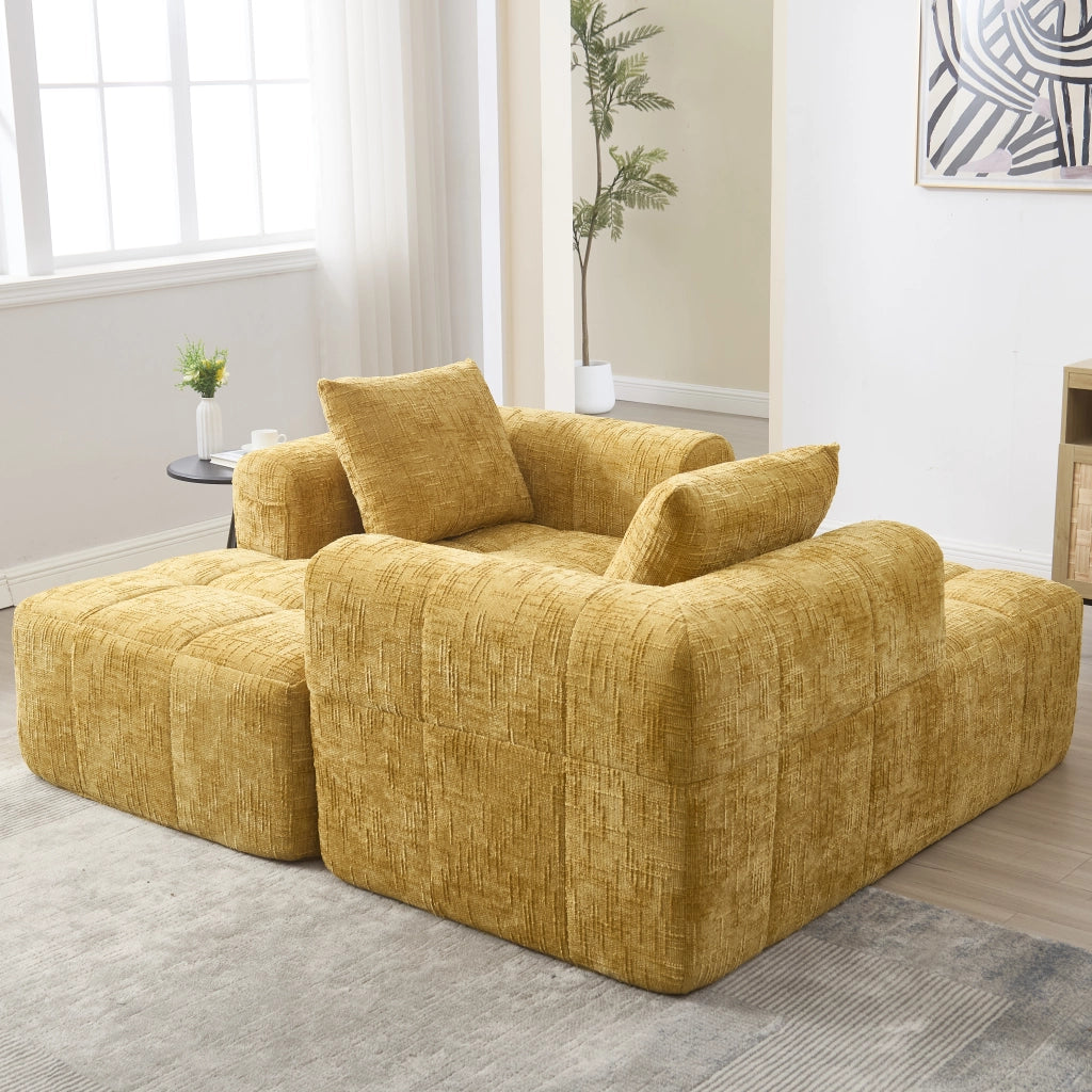 Divano chaise lounge imbottito in chenille giallo, con cuscino e tasche laterali, design moderno