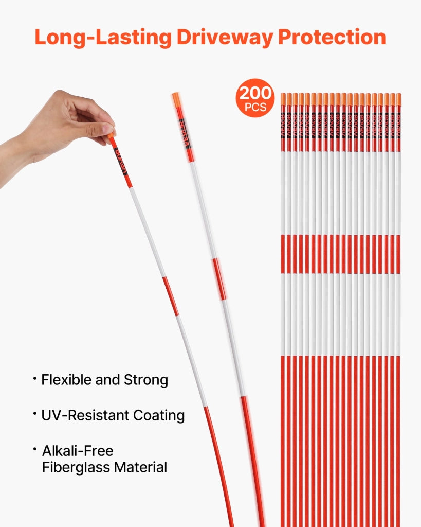 HX202 Segnavia Catarifrangenti 200 Pezzi in Fibra di Vetro Arancione Φ6,35 x 1200 mm con Punta Trapano per Vialetti e Parcheggi