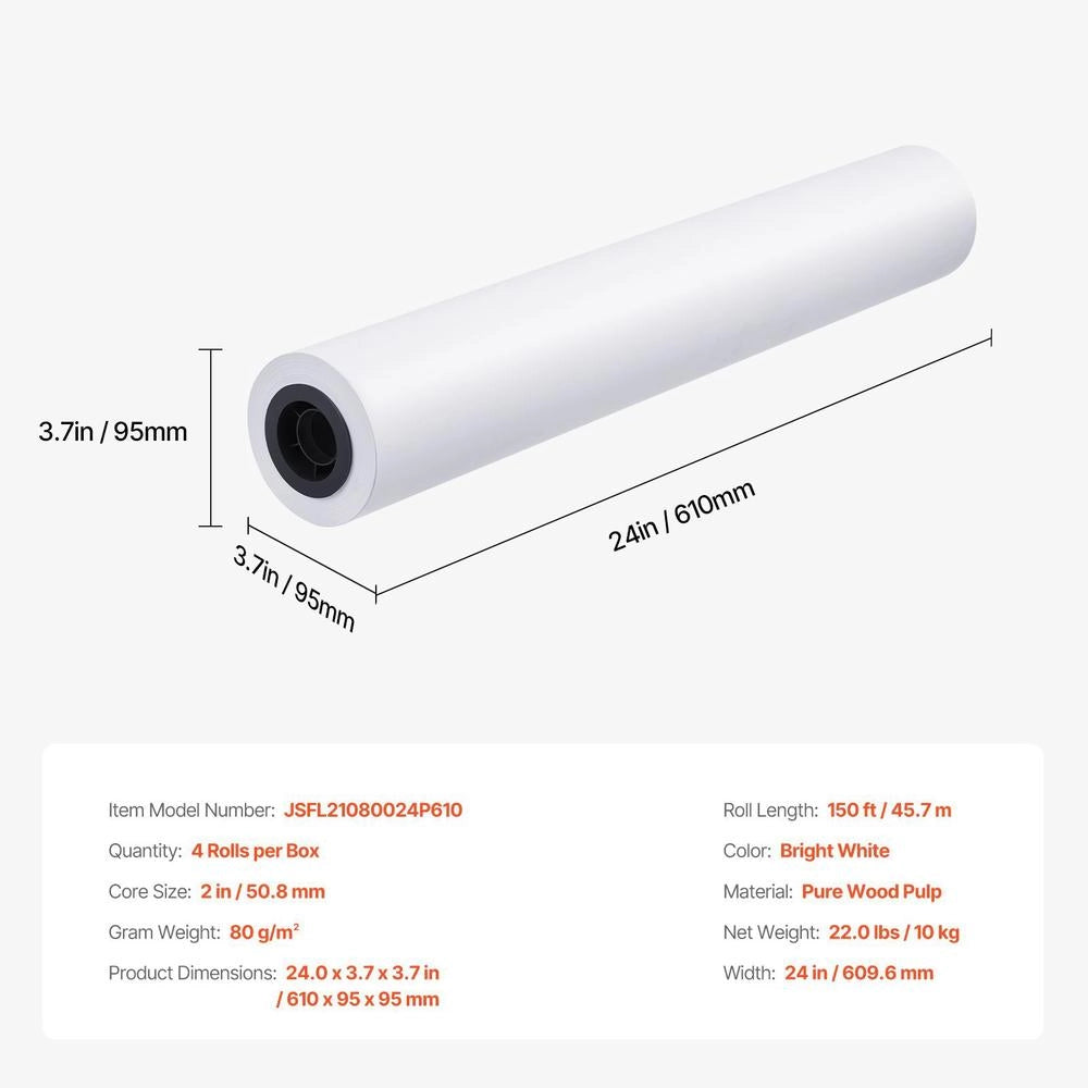 Large Format Plotter Paper 45.7 M X 609.6 Mm 4 Rolls CAD Bond Rolls With 50.8 Mm Core, Drawing Rolls For CAD Drawings, Technical Plans, GIS Maps And Architectural Designs