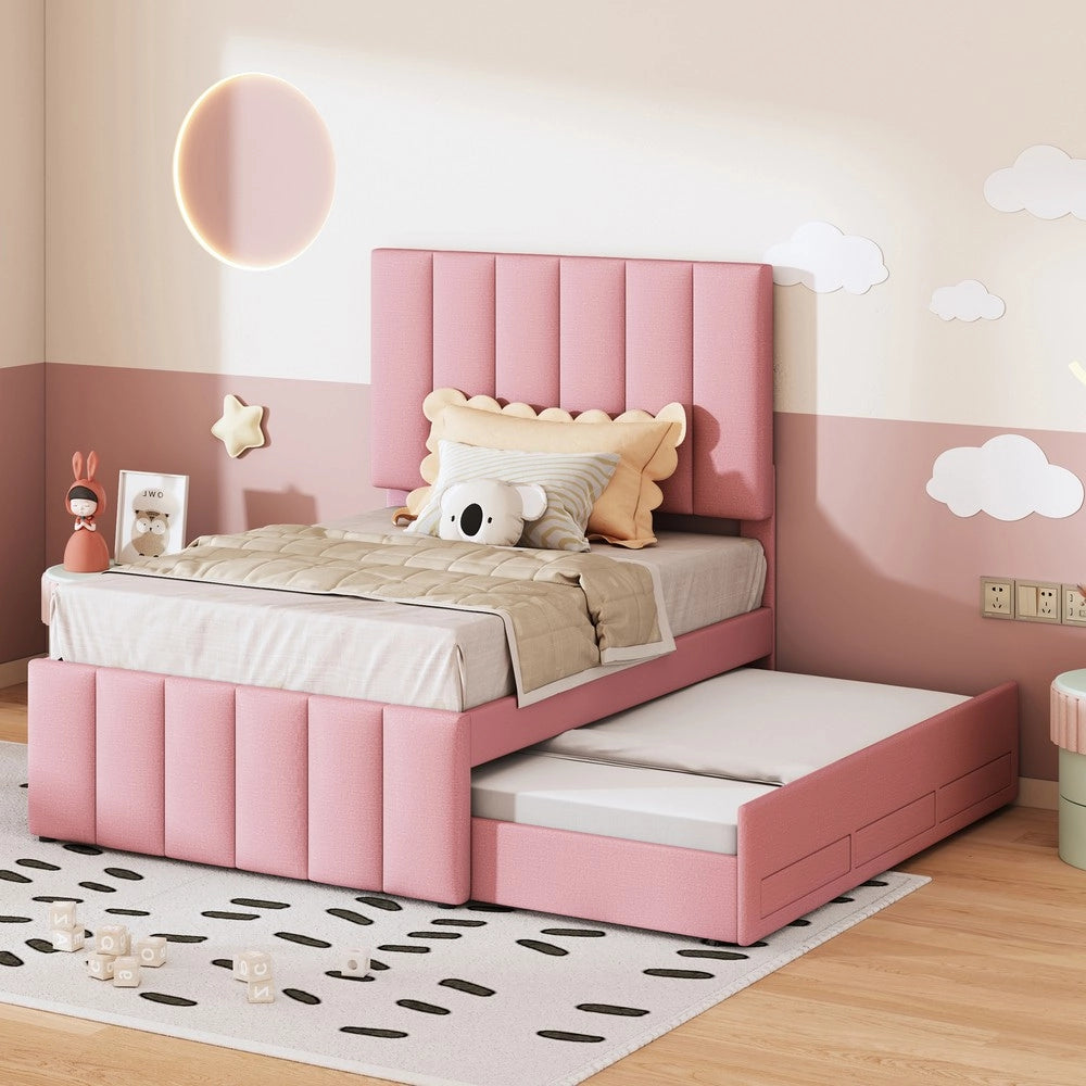 Letto Singolo Imbottito con Rollbett e Cassetti ¨C MINIMAL ¨C Rosa 90x200