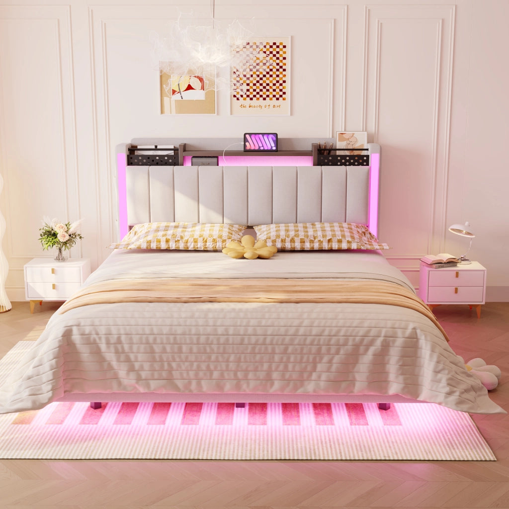 Letto 140 x 200 cm con testiera contenitore, LED e USB, 2 cassetti, lino beige, camera