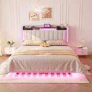 Letto 140 x 200 cm con testiera contenitore, LED e USB, 2 cassetti, lino beige, camera