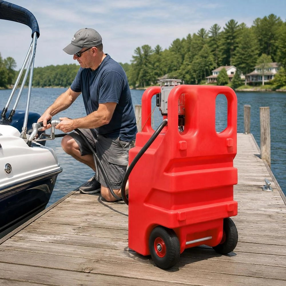Fuel Caddy, 32 Gallon, Portable Fuel Tank With 12V DC 15 GPM Electric Fuel Transfer Pump, 13 Ft Delivery Hose & Aluminum Alloy Manual Nozzle, Gas Caddy For Motorboats, ATVs, Diesel & Gasoline