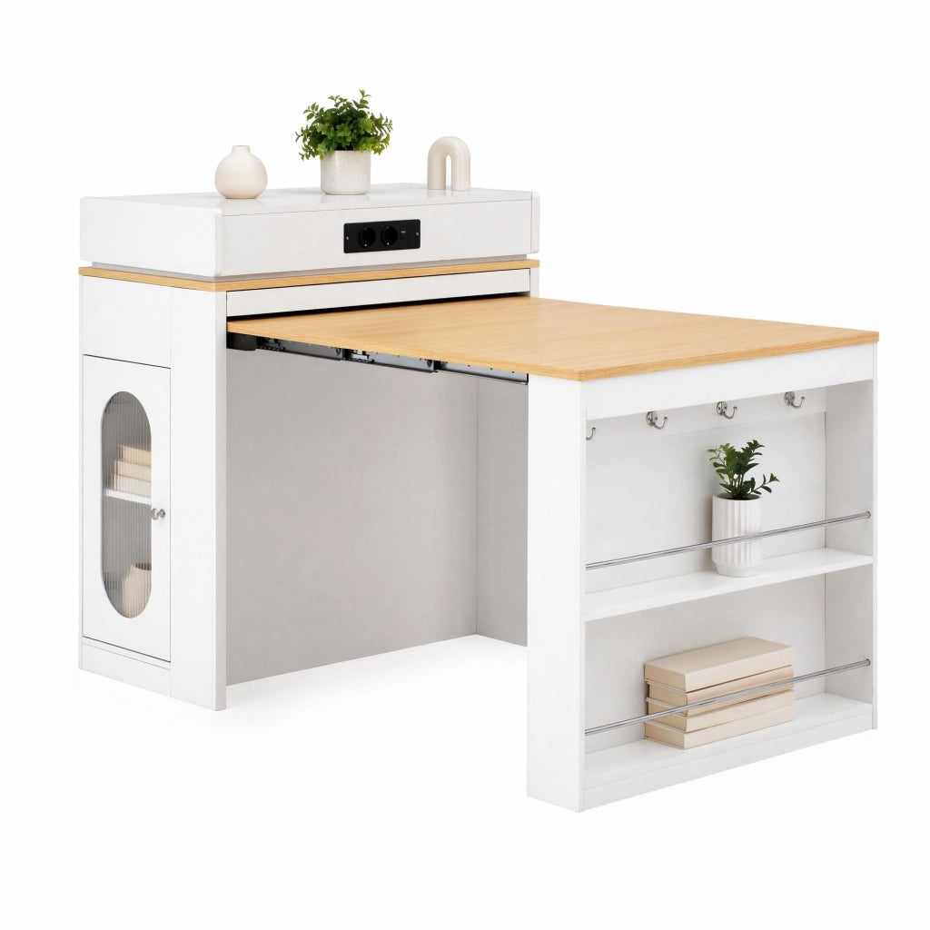 Isola cucina estensibile con prese e piano pieghevole bianca