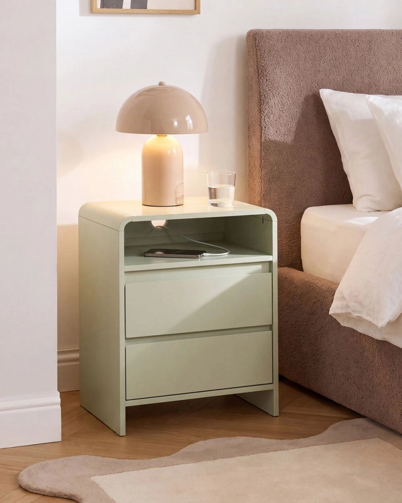 Comodino in legno composito, verde chiaro, moderno, con 2 cassetti