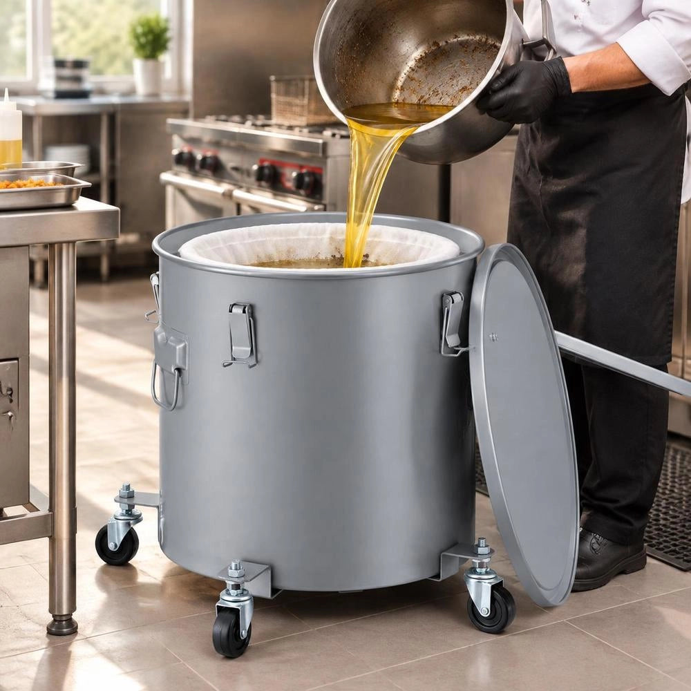 Deep Fryer Oil Bucket/disposal Container 37.8 L With Wheeled Base, Rust-resistant Carbon Steel Coating, Oil Transport Container With Lid, Filter Bag For Filtering Hot Cooking Oil, Grey