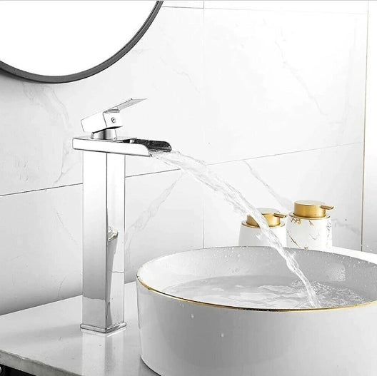 Rubinetto miscelatore lavabo bagno a cascata con piletta acciaio cromato 87397