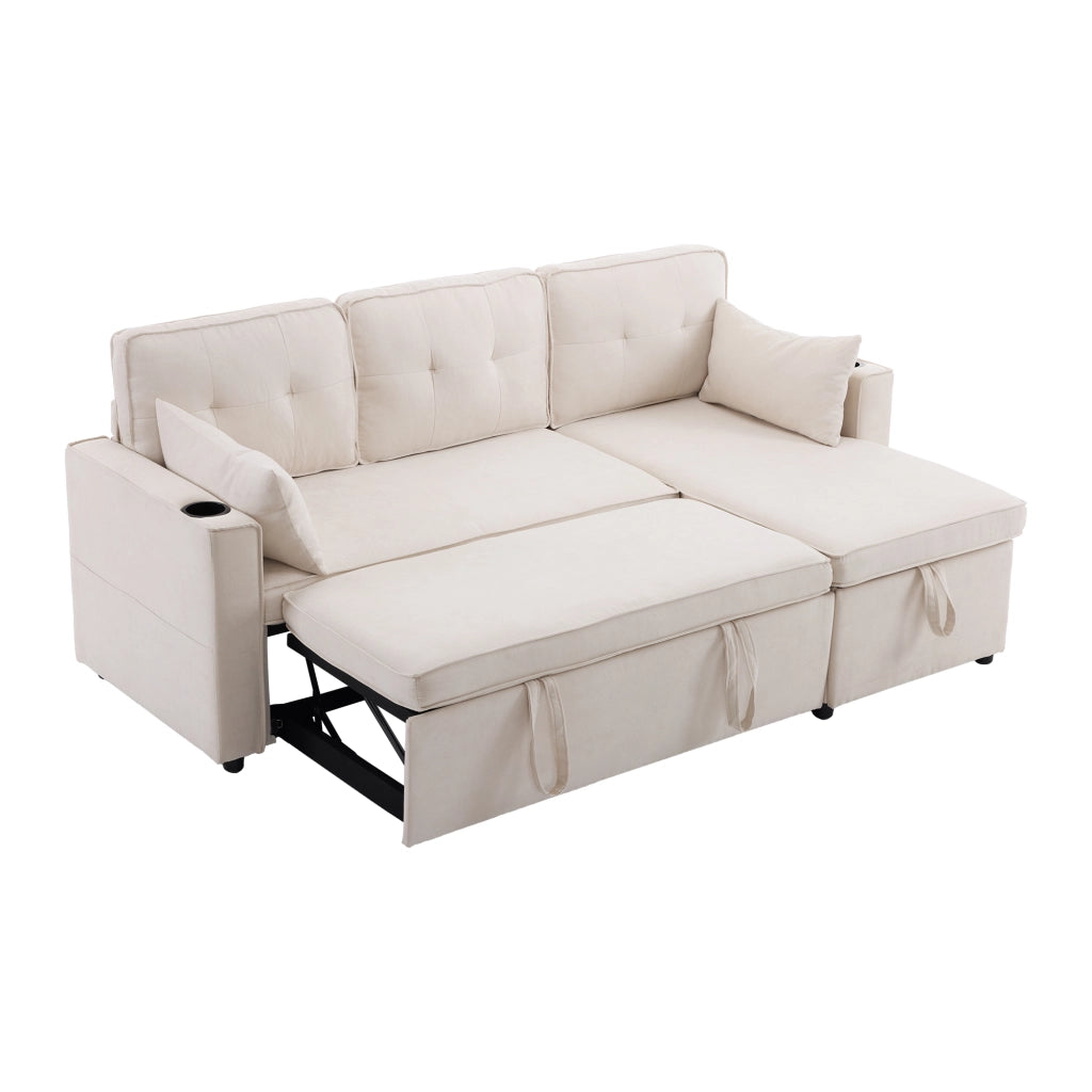 Divano letto angolare beige con contenitore, portabicchieri e cuscini decorativi