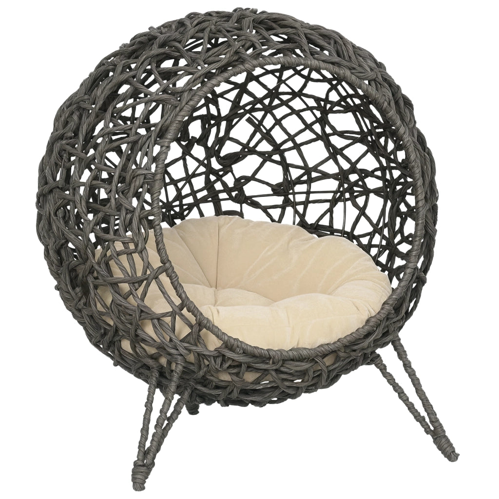Cuccia per gatti rialzata in rattan grigio argento con cuscino morbido Ø52 x 58 cm design moderno e robusto per casa