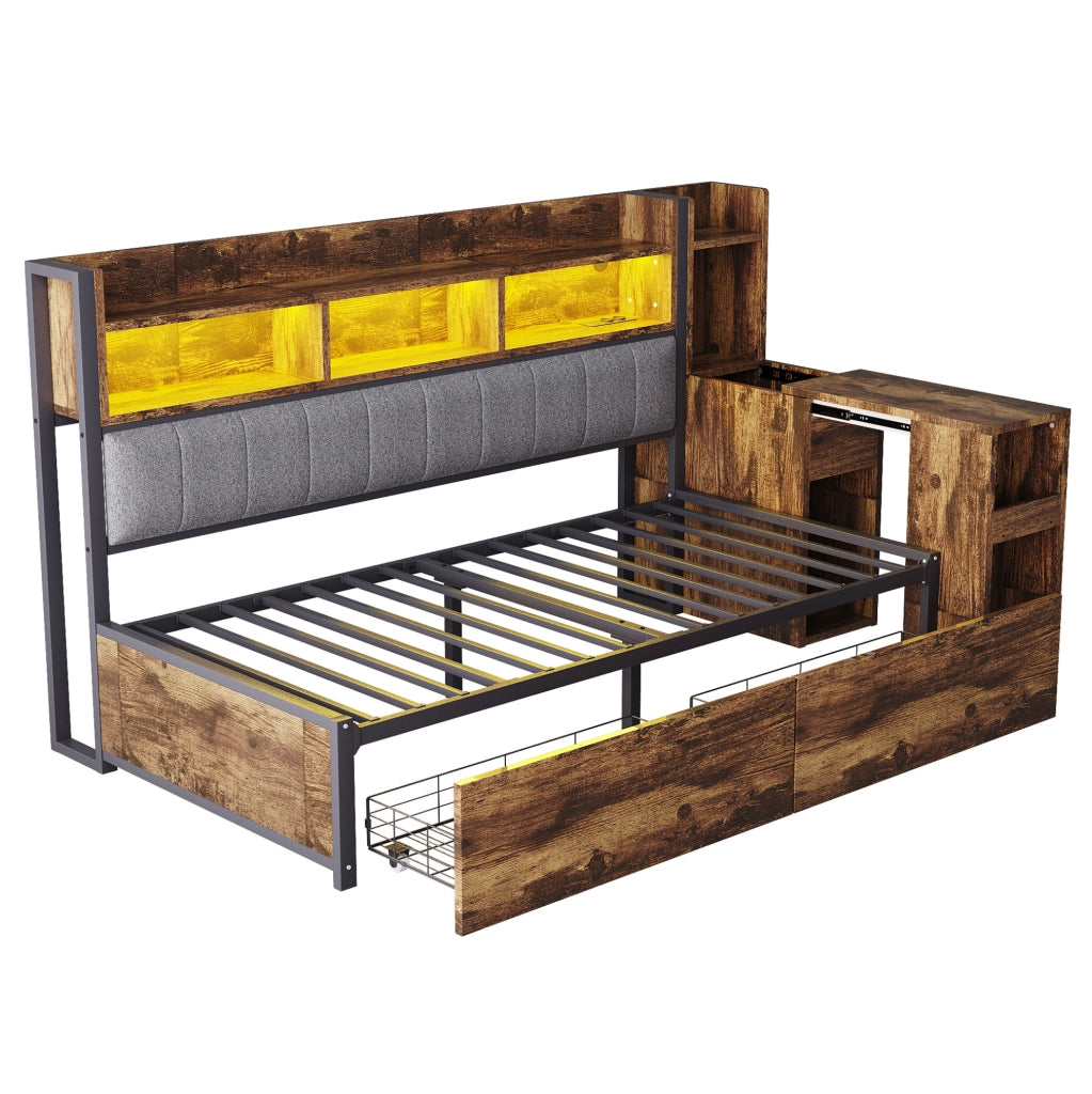 Letto 90x200 cm con scrivania estraibile e cassetti; metallo e legno