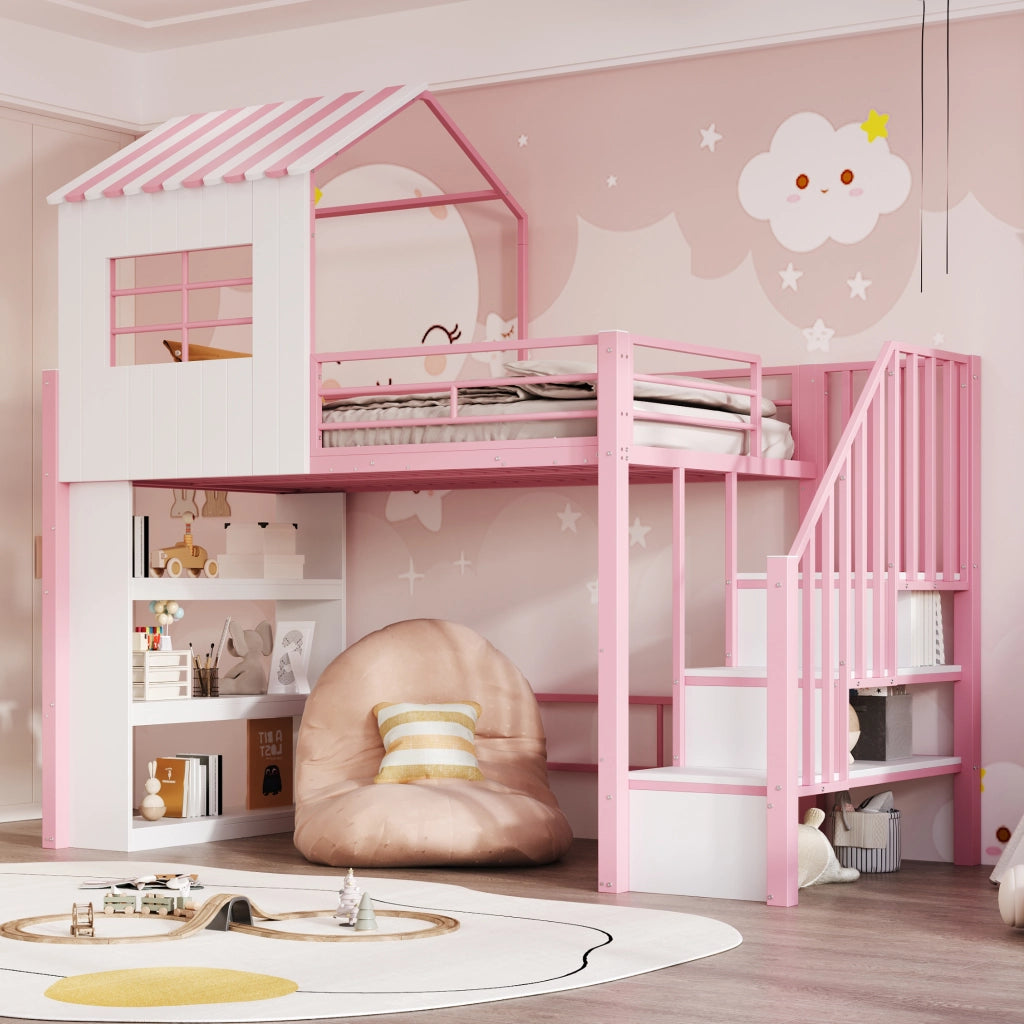 Letto in ferro 90×200 cm rosa; design della casa; corrimano alto; mensole; scala montabile su entrambi i lati