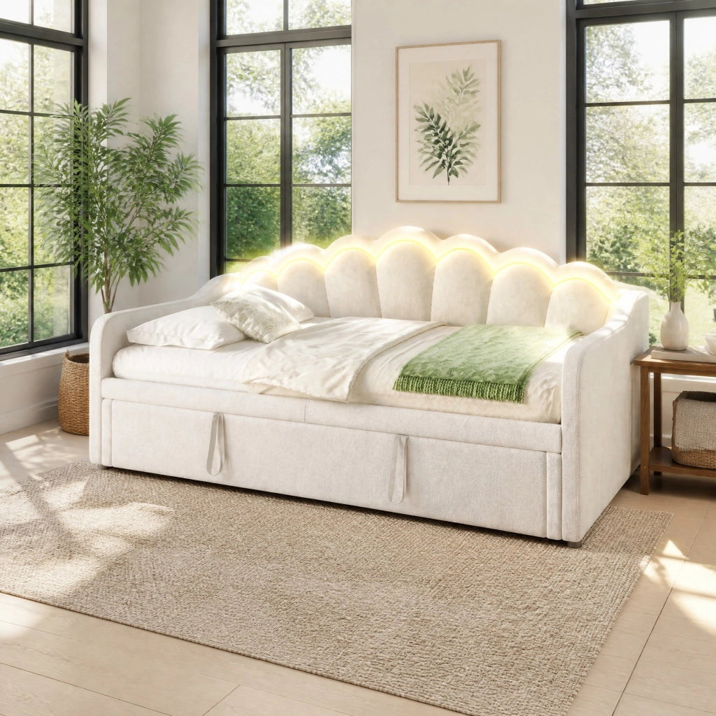 Letto estraibile singolo in velluto beige 90 × 200 cm con LED multicolore e secondo letto