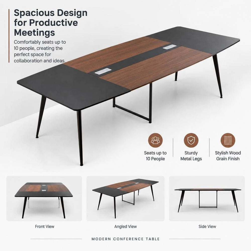 Conference Table, 2400 Mm Boat Shaped Office Meeting Table For 10 Person, Modern Large Boat Meeting Desk With Metal Legs, For Office, Boardroom, Conference Room, Easy Assembly, Black & Brown