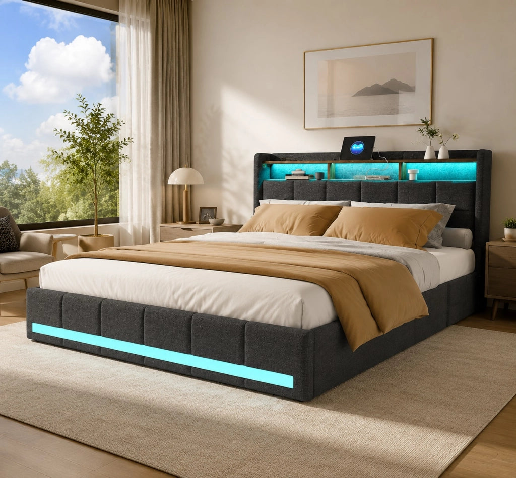 Letto matrimoniale imbottito 180x200 cm con 4 cassetti ; letto Contenitore con LED e USB; letto funzionale letto adulti ;Lino Grigio Scuro