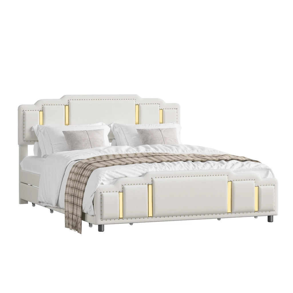 Letto matrimoniale 140x200 cm in velluto beige con LED e cassetti
