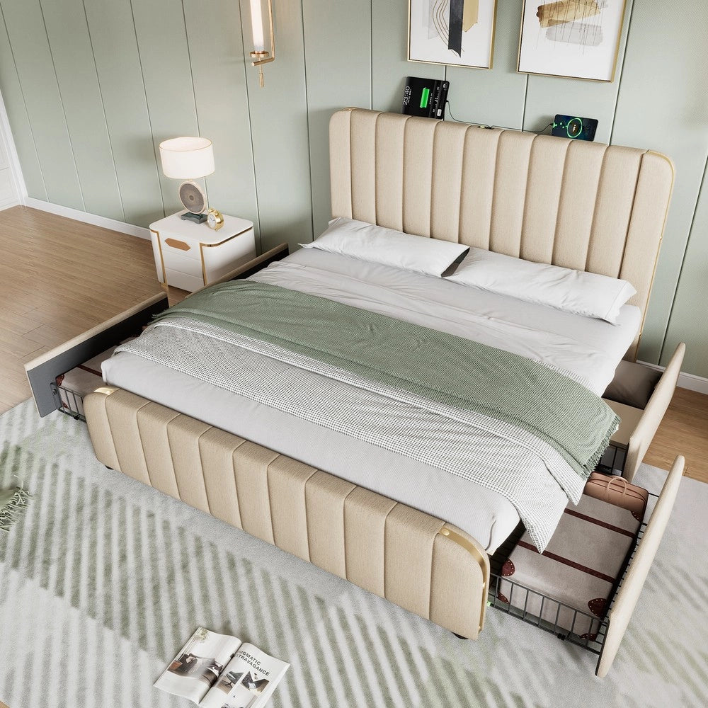 Letto Imbottito Matrimoniale con Cassetti e USB ¨C Xylo ¨C Beige, 140x200