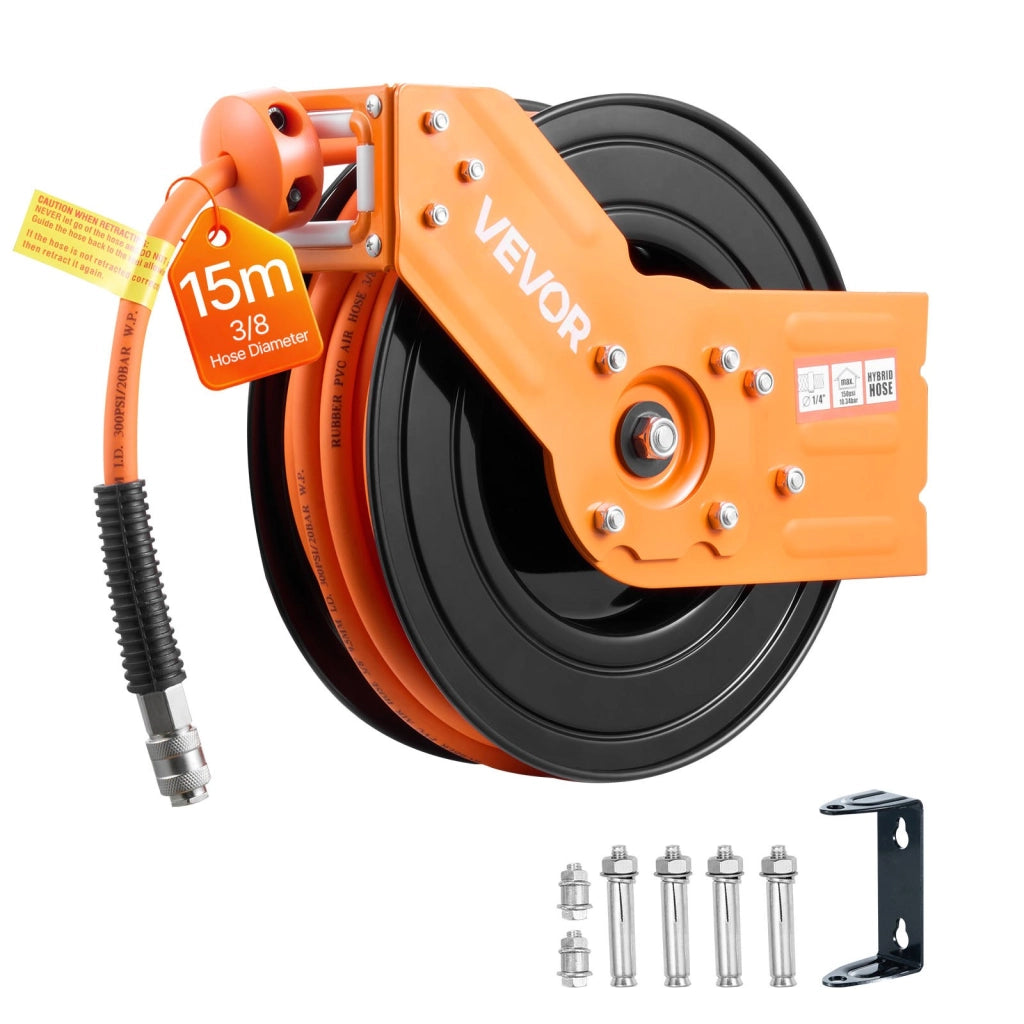 Avvolgitubo Automatico per Aria Compressa 15 m x 9,5 mm NT-A10, Pressione 20,7 bar, Montaggio Parete o Soffitto per Officina e Fai da Te