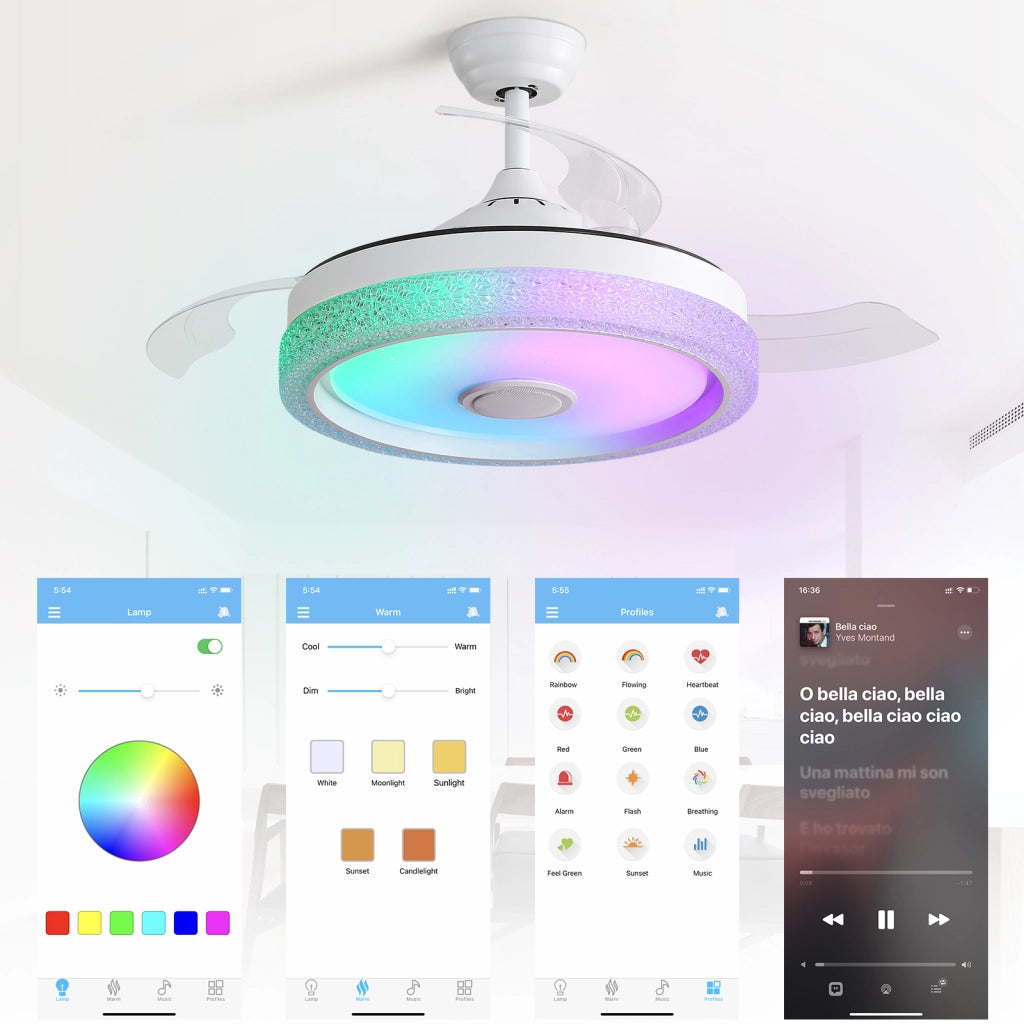 Ventilatore da soffitto RGB con luce LED dimmerabile da 36 W; controllo via app e telecomando Bluetooth bianco