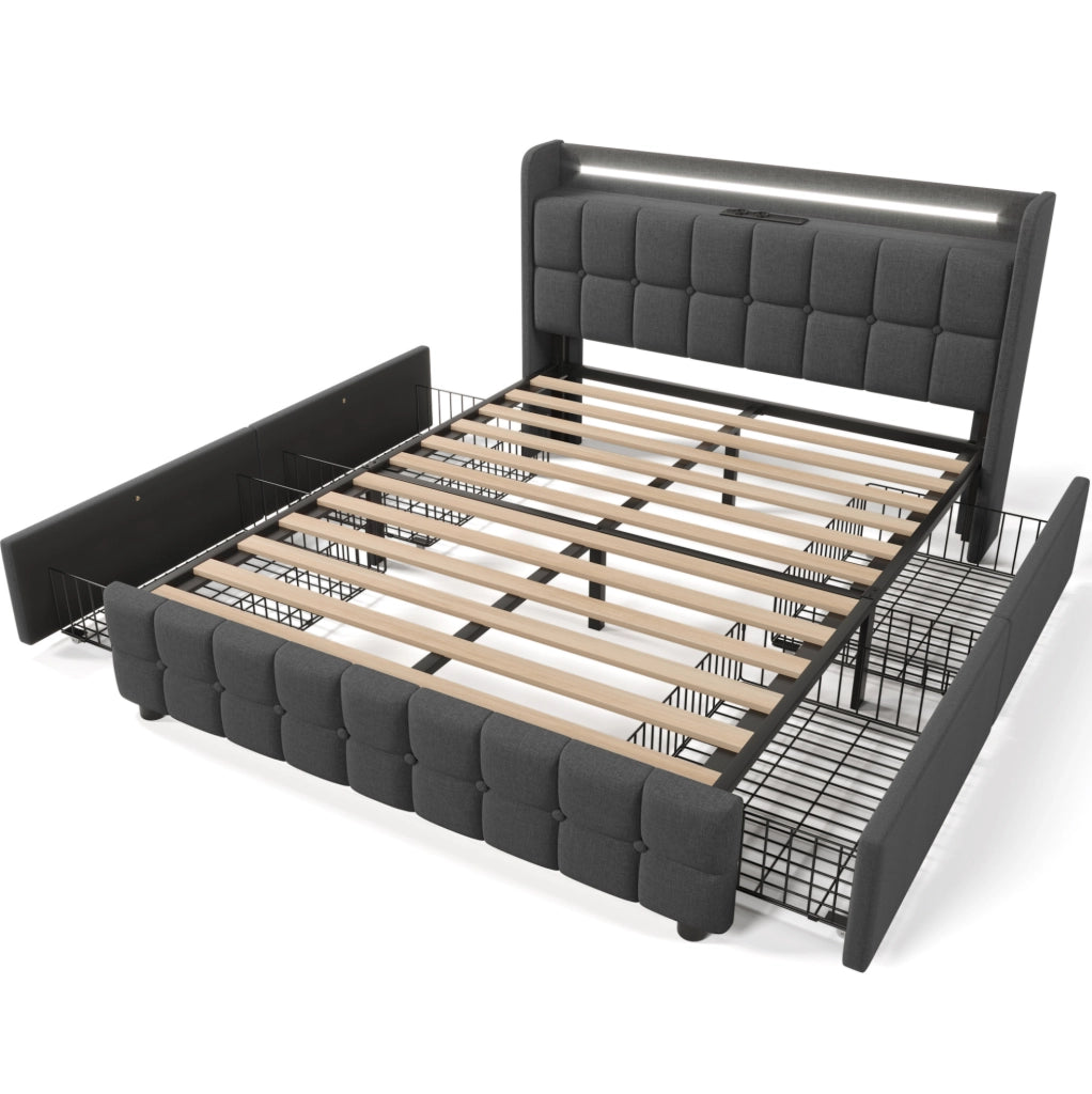 Letto imbottito 160x200 cm con LED; prese e USB; 4 cassetti; grigio