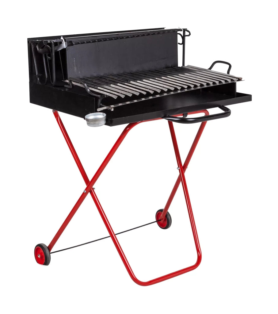 Barbecue a Legna Portatile con Griglia in Acciaio Inox, Ripiano Recupera Grassi, Pieghevole con Ruote, Made in Italy, Con tira braci e bicchiere raccogli olio OMAGGIO (EXTRA LARGE)