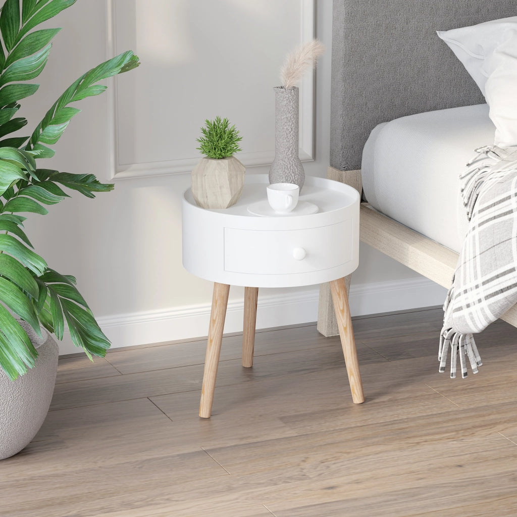 Tavolino con cassetto in legno bianco