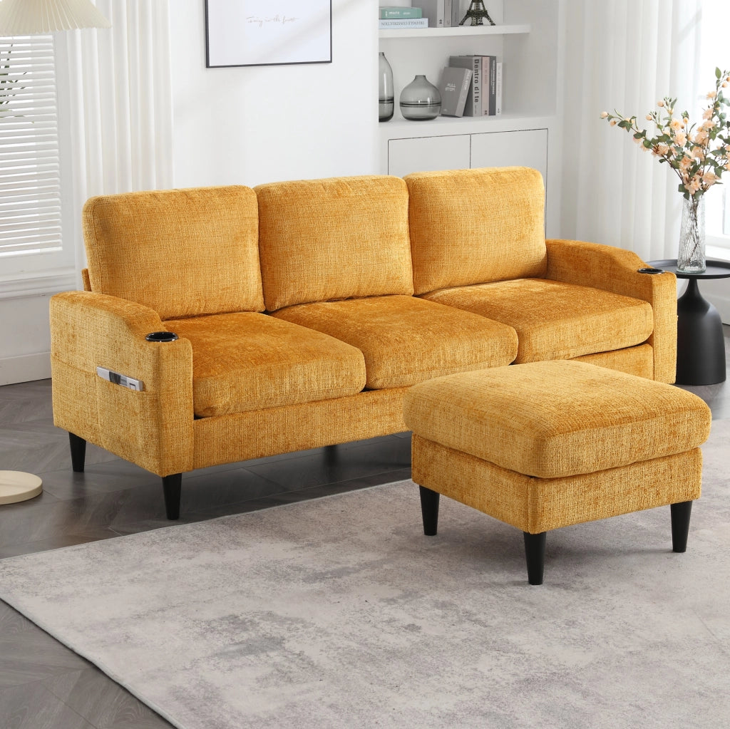 DIVANO 4 POSTI 196,5x75x77 cm in Chenille Giallo con Pouf e Contenitore