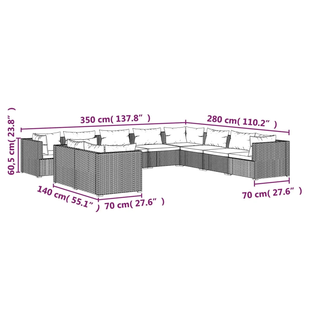 Set Divani da Giardino 10 pz con Cuscini in Polyrattan Marrone 3102515