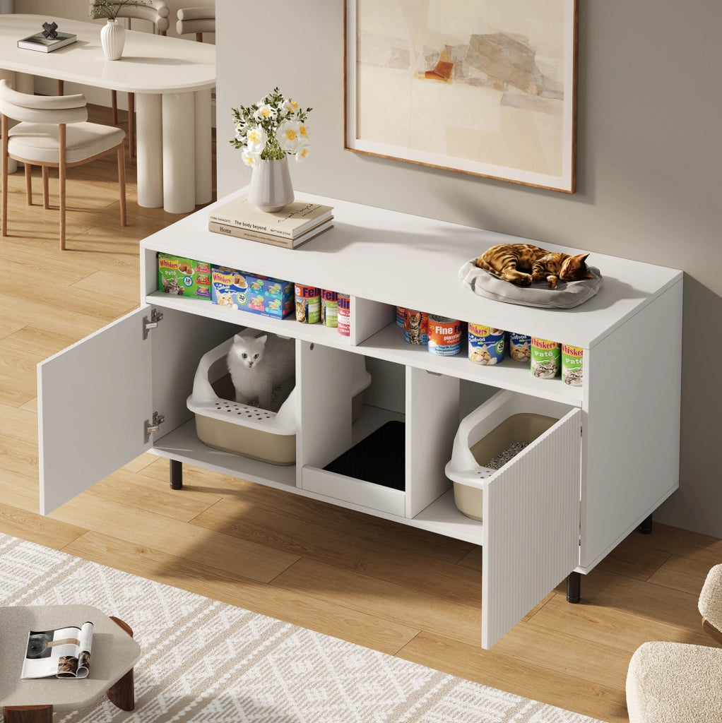 Mobile coprilettiera ULEVR 120x50x66 cm con 2 ante, tappetino raccogli sabbia e vani portaoggetti, bianco