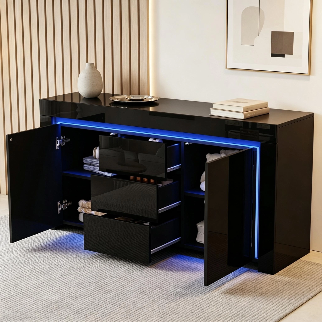 Sideboard moderno 140x40x65 cm con 2 porte; 3 cassetti e LED; nero lucido