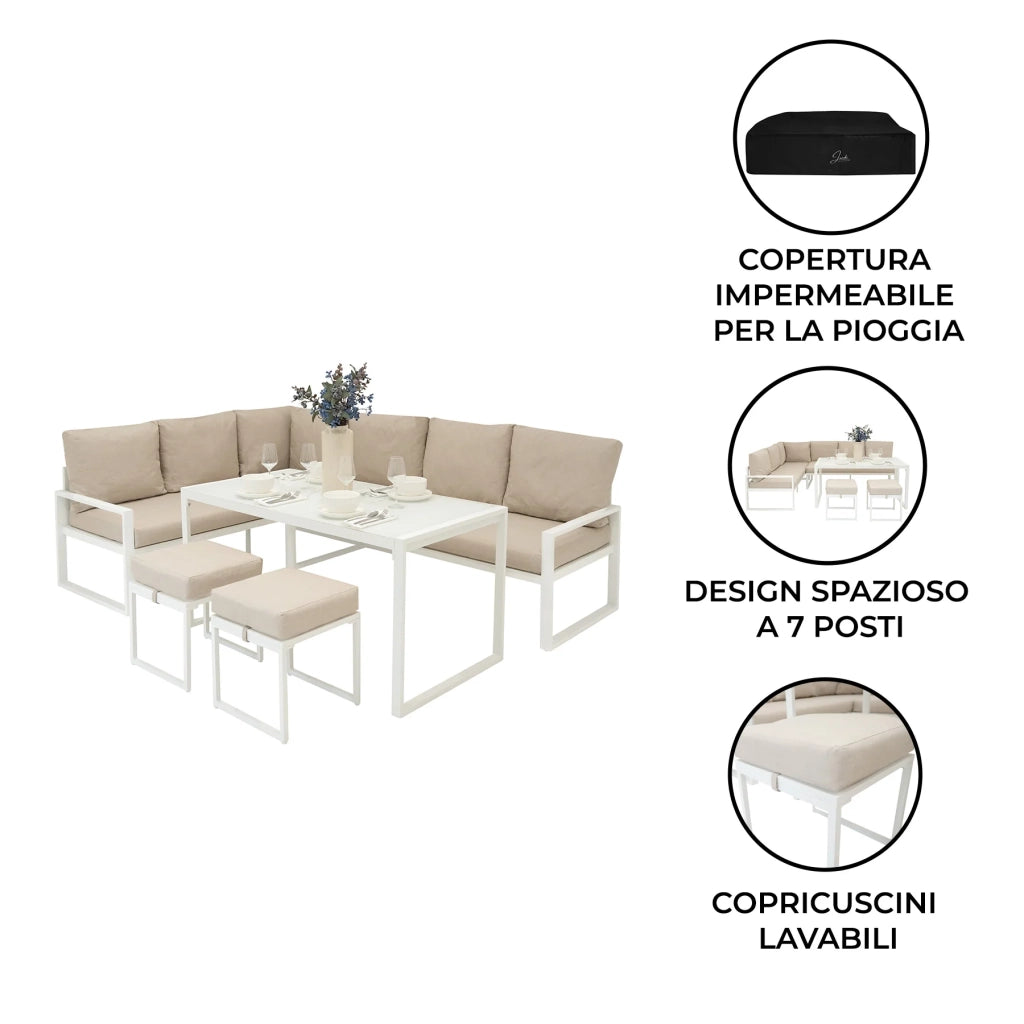 Set Mobili da Esterno in Alluminio Divano Angolare Tavolino Sgabelli Bianco
