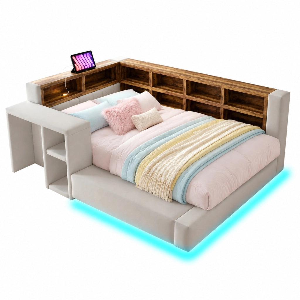 Letto singolo imbottito 90 × 200 cm in velluto grigio chiaro con LED prese integrate e ripiani contenitore
