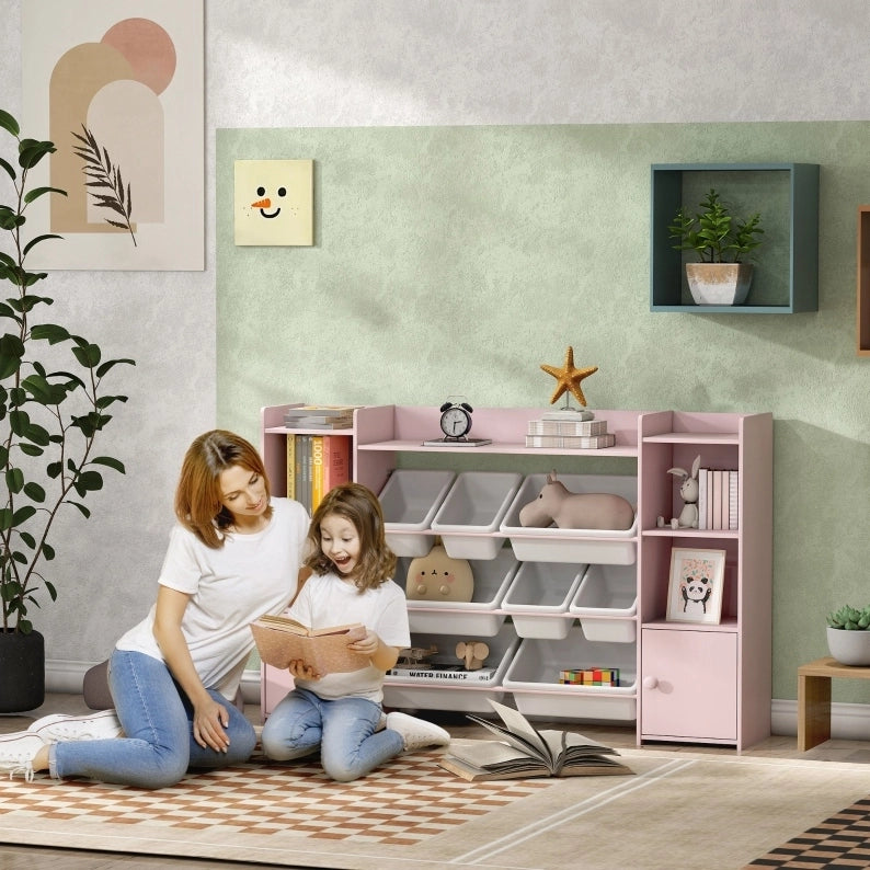 Scaffale per bambini 140x30x90 cm in MDF e metallo rosa con 8 contenitori